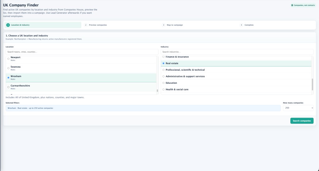 UK Company Finder with location and industry filters