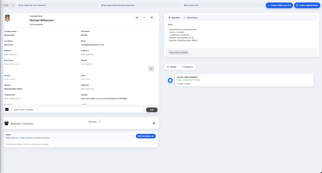 A live contact record with notes and next actions